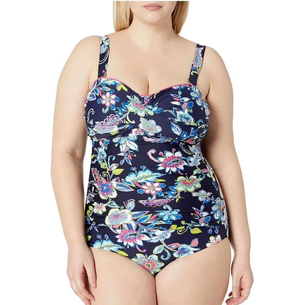 Anne Cole Twist Front 22W Bandeau Removable Straps 1PC Swimsuit Paisley Slimming